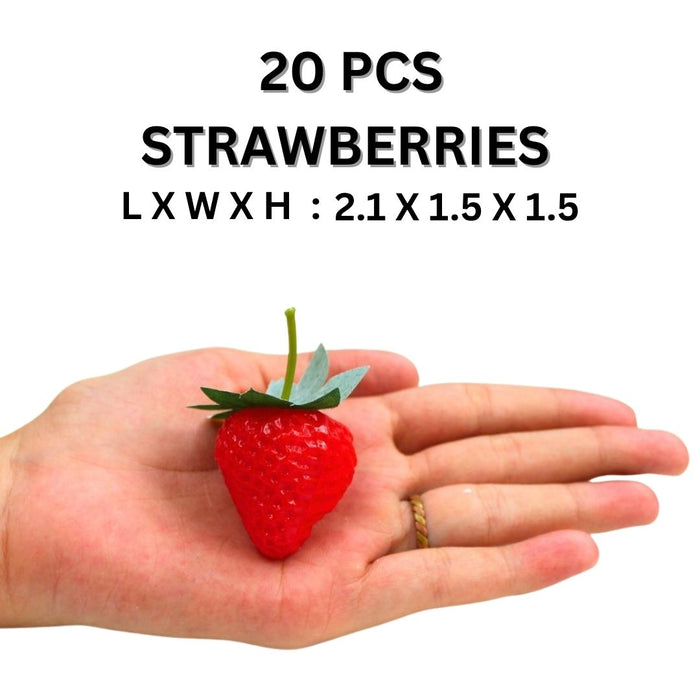 Wonderland 20 Pieces of Arificial Plastic Strawberries, Realistic Red Strawberries with Green Stems and Leaves for Home Kitchen Party Decoration and Photography Props