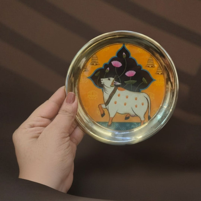 Wonderland 6 inch Hand-Painted Kamdhenu Cow & Lotus Decorative Pooja Plate