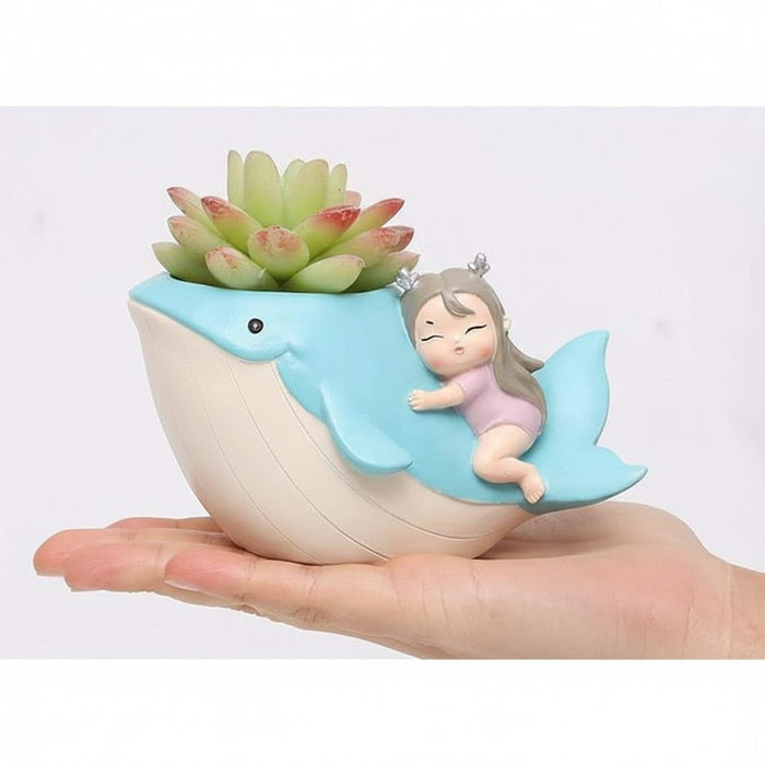 4.7 Inch Whimsical Blue Whale & Sleeping Fairy Succulent Planter – Decorative Resin Indoor Pot for Small Plants, Air Plants, and Fairy Gardens- Plant Not Included