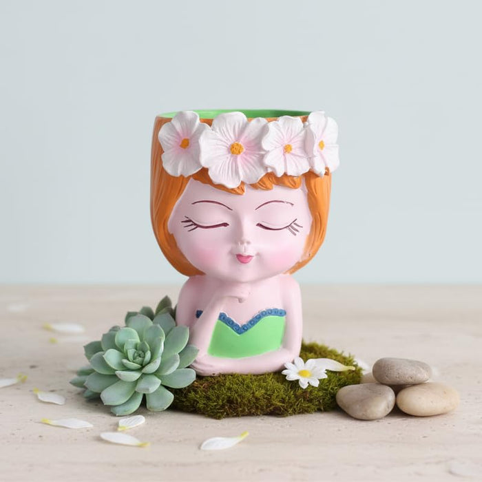 Wonderland 6 inch Whimsical Girl Head Planter –  Pot with Flower Crown & Hand-Painted Detail – Decorative Resin Face Vase for Indoor Plants- 3.5x2.5x6 inch(Plant Not Included)