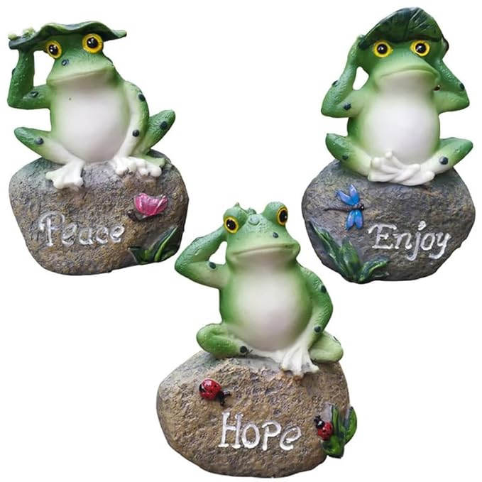 Wonderland 3-Piece Zen Frog Garden Statues - Whimsical Resin Figurines Sitting on Stones Engraved with "Peace," "Enjoy," and "Hope" - Outdoor/Indoor Decor Set