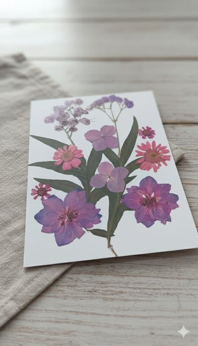Wonderland set of 6 Handcrafted Purple & Pink Pressed Flower Botanical Card / Art Print - Natural Floral Keepsake