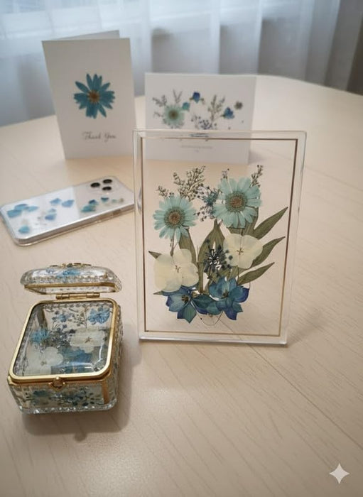 Wonderland Handmade Pressed Flower Art Cards - Blue & White Floral Stationery Set (Set of 6)