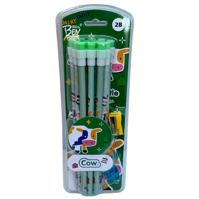 Wonderland 2b Pencil with Eraser Pen Grip Holder 12pcs card Stationery Set | Cute Kids Pencil Eraser Set in Green| cow design