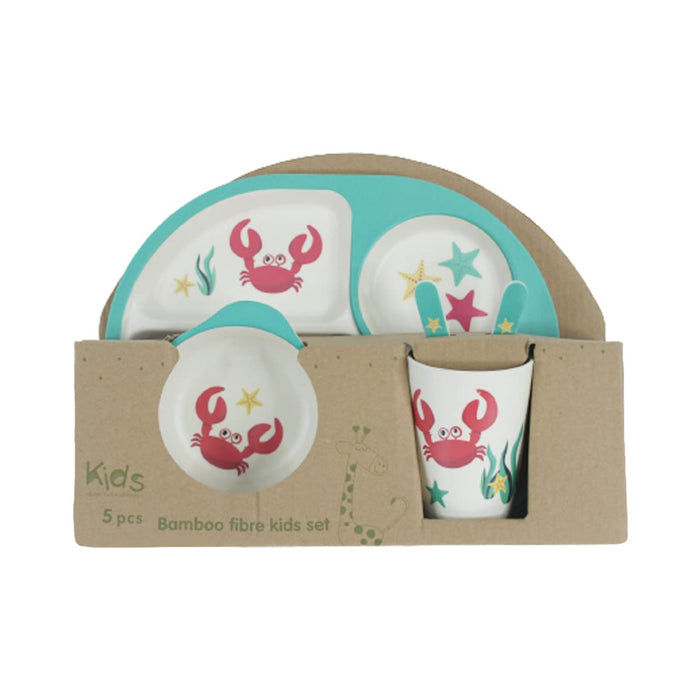 Kids Dinnerware Bamboo Fibre (Set of 5) Bowl, Spoon, Fork, Glass, Plate Design 4