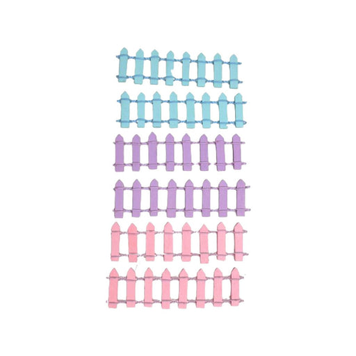 Six sections of miniature wooden picket fences arranged vertically on a white background. There are two sections each of light blue, lavender purple, and soft pink fences.