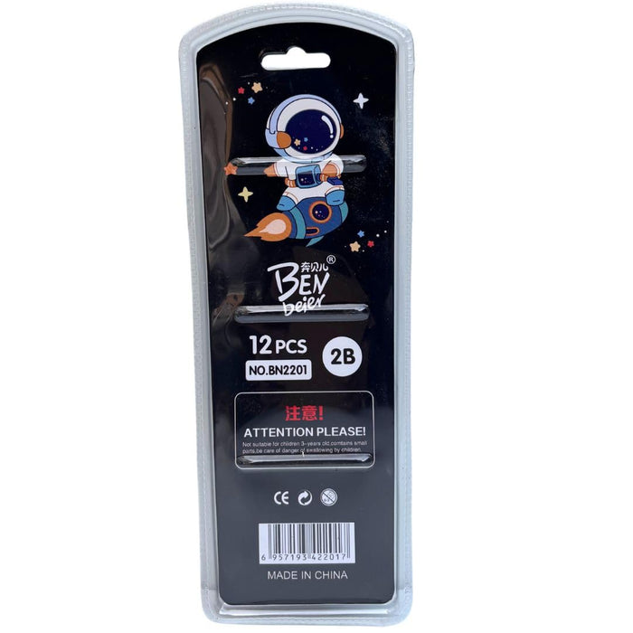 Wonderland 2B Pencil set -Pack of 12  with top erasers , 1 grip and 1 sharpner | Writing pencils for school and return gifts(Astronaut Black)