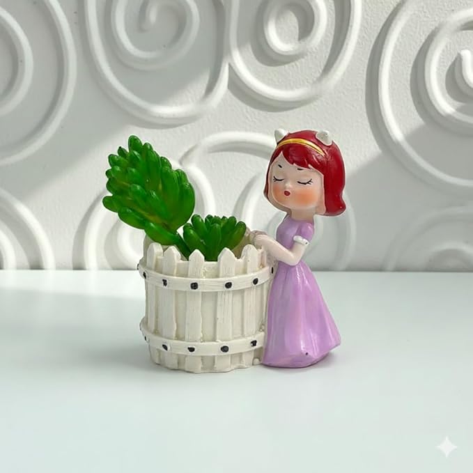 Cute Girl Figurine Mini Planter / Succulent Pot with Picket Fence Design Material - Resin