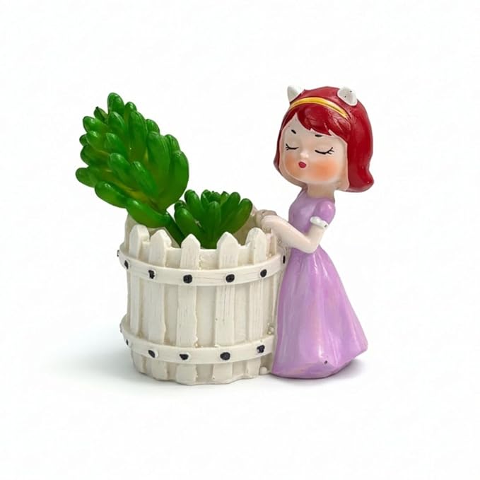 Cute Girl Figurine Mini Planter / Succulent Pot with Picket Fence Design Material - Resin