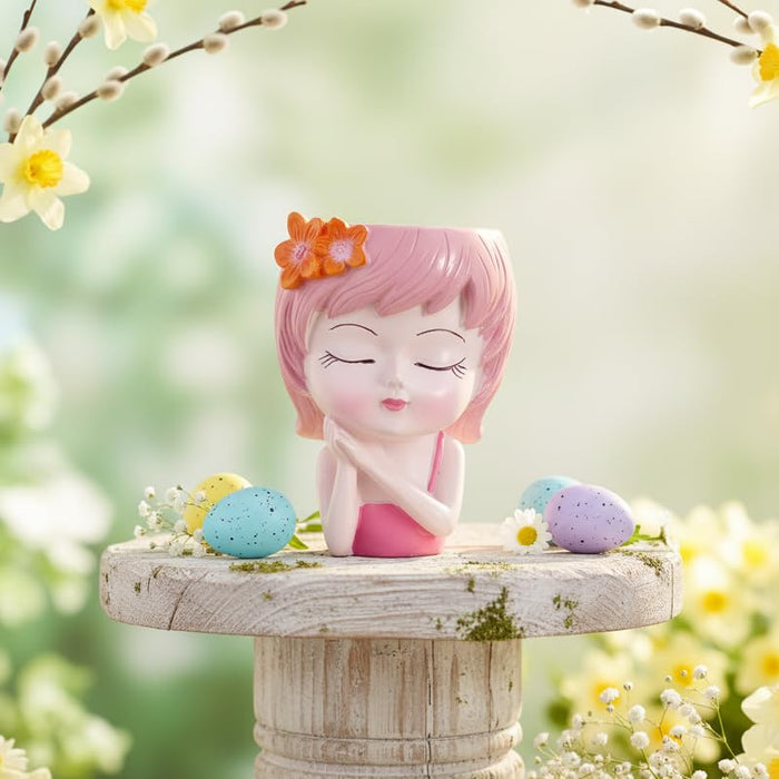 Wonderland 6 Inch Adorable "Dreaming Girl" Resin  Planter – Decorative Pink Head Vase for Indoor Plants, Cute Face Pot for Home & Office Décor- 3.5x2.5x6 inch(Plant Not Included)