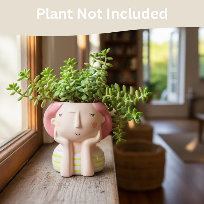 Wonderland 3.8 inch Whimsical Pink Hair Girl Face Planter – Cute Resin Head Pot for Succulents & Indoor Plants – Unique Decorative Hand-Painted Flower Pot for Home, Office, or Shelf Décor(Plant Not Included)