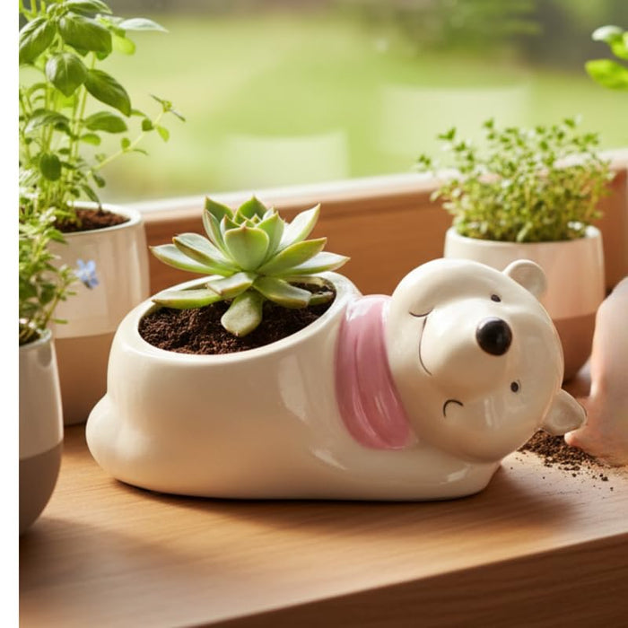 Wonderland 3 inch Hand-Painted Ceramic Polar Bear Succulent Planter – Cute Animal Mini Flower Pot with Pink Scarf Accent for Indoor Décor-6x3x3 inch(Plant Not Included)