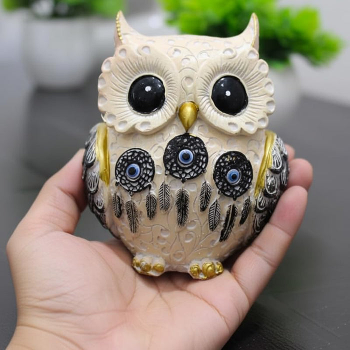 Decorative Owl Figurine with Evil Eye Dreamcatcher Accents