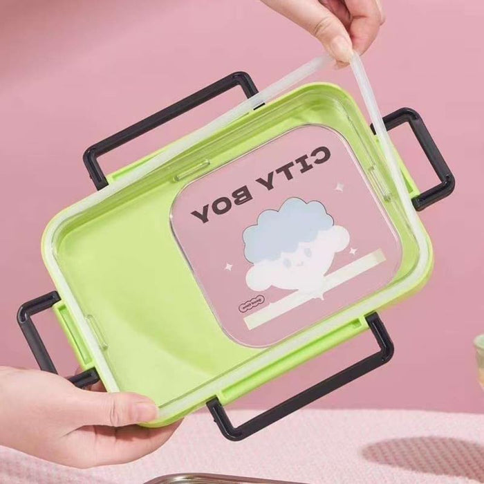 Kids- 690 ml SS City boy (green colour bento box design city boy design|)|Leak-Proof Tiffin Box for Kids | Premium School and Picnic Lunch Box- 9x7x3 inch