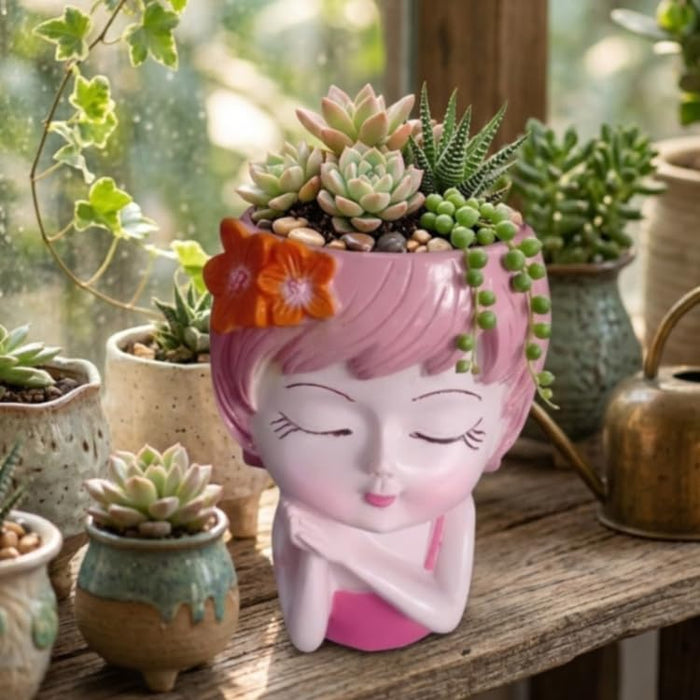 Wonderland 6 Inch Adorable "Dreaming Girl" Resin  Planter – Decorative Pink Head Vase for Indoor Plants, Cute Face Pot for Home & Office Décor- 3.5x2.5x6 inch(Plant Not Included)