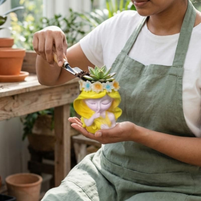Wonderland Whimsical Yellow Flower Girl Resin Planter – Quiet Girl Succulent Pot & Pen Holder for Home, Office, and Garden Décor-3.5x2x4inch (Plant No Included)