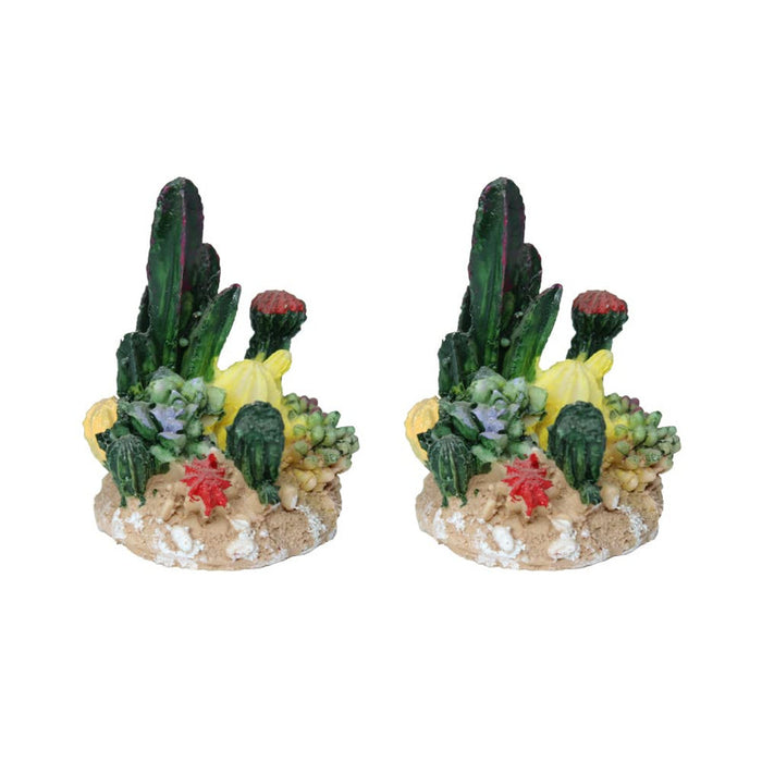 Two identical miniature resin cactus and succulent arrangements featuring various desert plants on a sandy base, isolated on a white background.