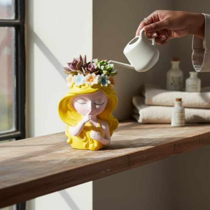 Wonderland Whimsical Yellow Flower Girl Resin Planter – Quiet Girl Succulent Pot & Pen Holder for Home, Office, and Garden Décor-3.5x2x4inch (Plant No Included)