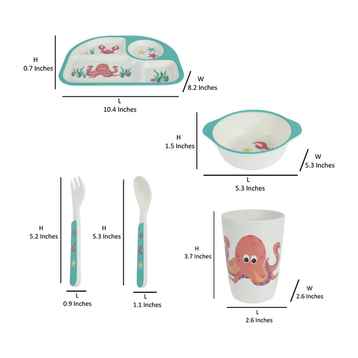 Kids Dinnerware Bamboo Fibre (Set of 5) Bowl, Spoon, Fork, Glass, Plate Design 4