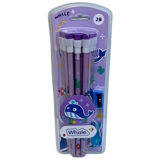 Wonderland 2B Pencil set -Pack of 12  with top erasers , 1 grip and 1 sharpner | Writing pencils for school and return gifts|Whale Design