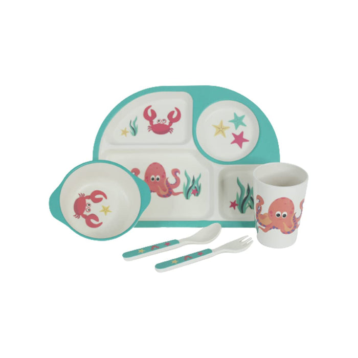 Kids Dinnerware Bamboo Fibre (Set of 5) Bowl, Spoon, Fork, Glass, Plate Design 4