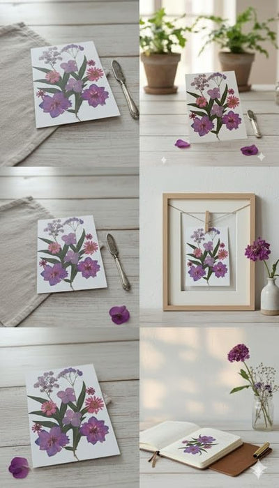 Wonderland set of 6 Handcrafted Purple & Pink Pressed Flower Botanical Card / Art Print - Natural Floral Keepsake