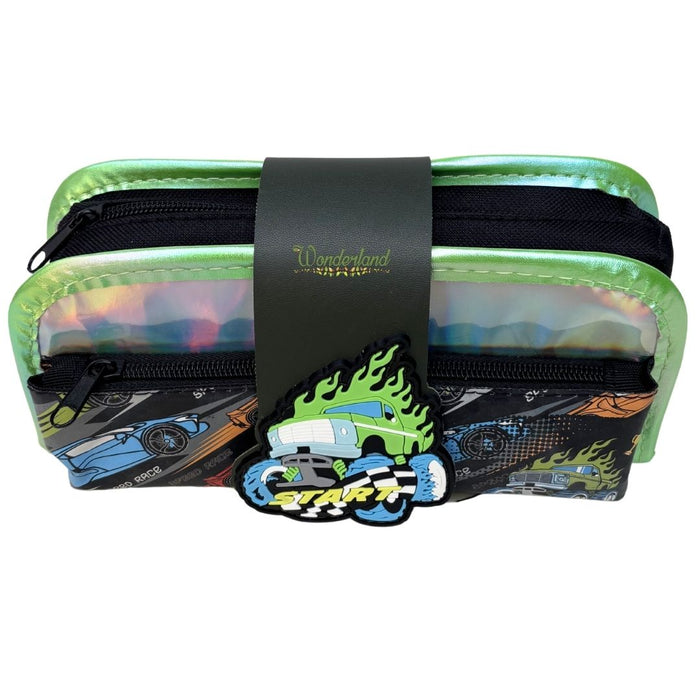 Kids Double Zip Pencil case – Stylish Holographic Design with 3D Rubber Badge
