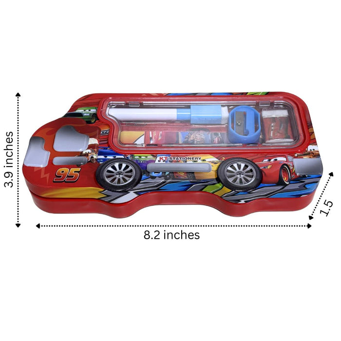 Kids’ Bus-Shaped Metal Pencil Box Stationery Set – Includes Pencil, Sharpener, Eraser, Ruler and 1 sketchpen 8x4x1.5inch