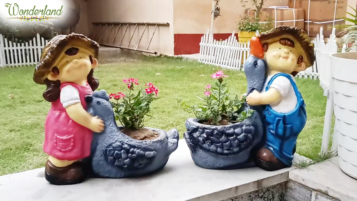 (Set of 2) Boy & Girl with Duck Pot Planter for Garden Decoration