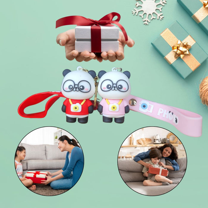 Wonderland Kawaii style ( set of 2) Cute Panda Couple Keychain Set with Wrist Strap