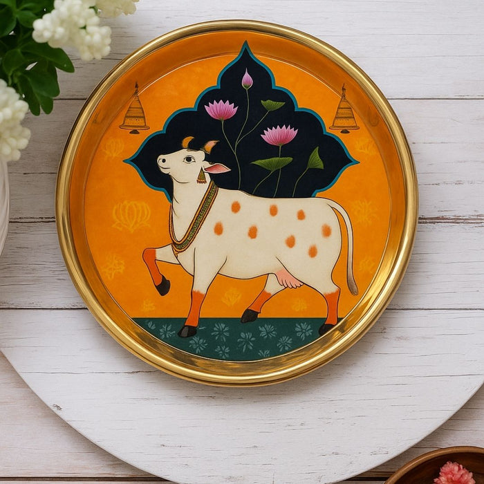 Wonderland 6 inch Hand-Painted Kamdhenu Cow & Lotus Decorative Pooja Plate