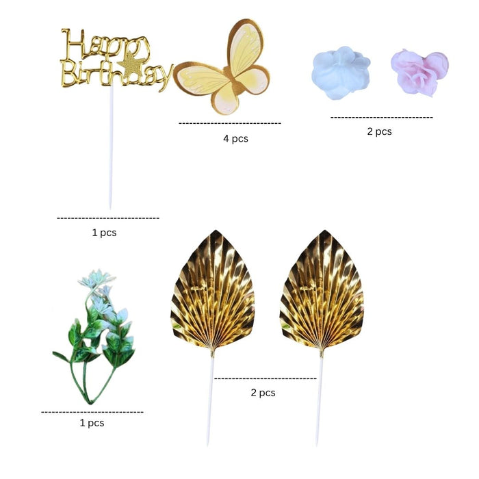 Wonderland Gold "Happy Birthday" Butterfly & Floral Cake Topper Set