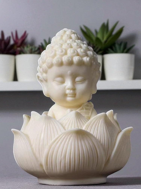 Handcrafted White Resin Monk on Lotus | Spiritual Peace & Meditation Gift