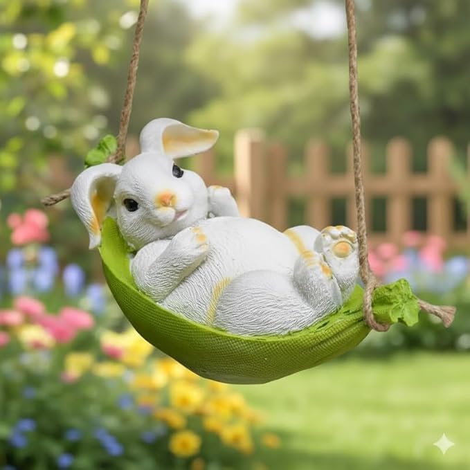 Wonderland Charming Hanging Rabbit Figurine in Green Hammock for Indoor/Outdoor Decor