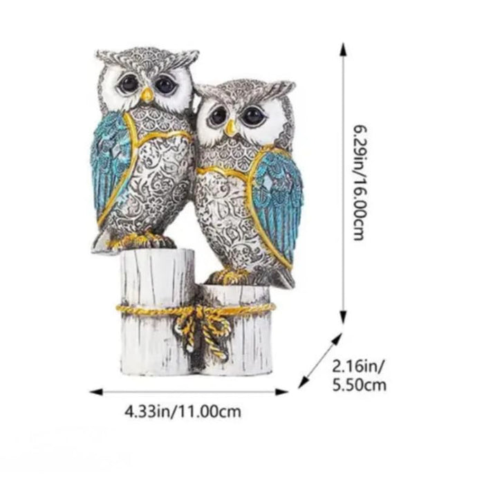 Handcrafted Dual Owl Figurine on Rustic Perch – Intricate Teal and Silver Decorative Bird Statue for Home, Office, and Bookshelf Décor 4.3x2.16x6.29 inch