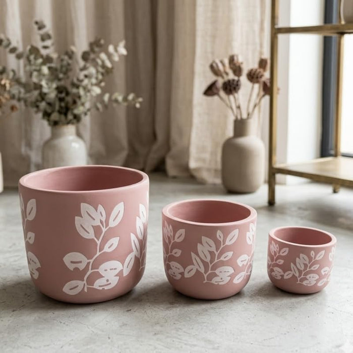 Set of 3 Dusty Rose Terracotta Planters with White Botanical Leaf Motif