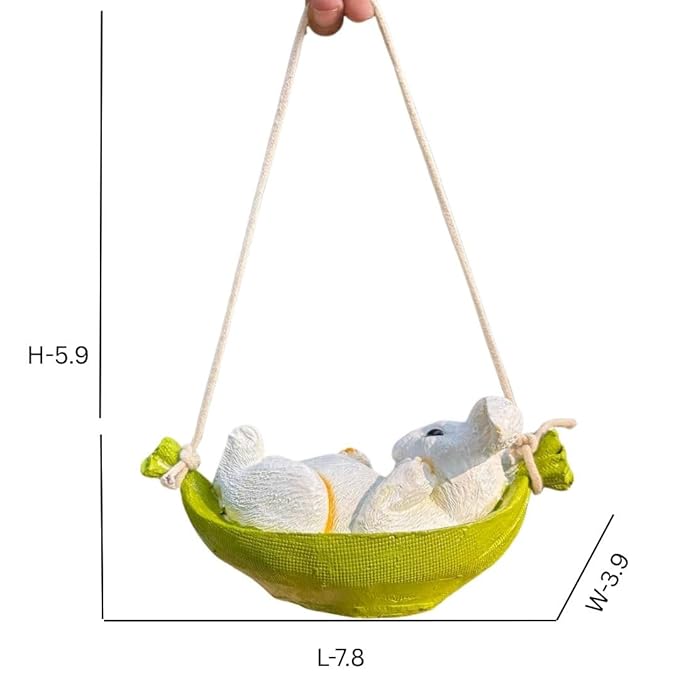 Wonderland Charming Hanging Rabbit Figurine in Green Hammock for Indoor/Outdoor Decor