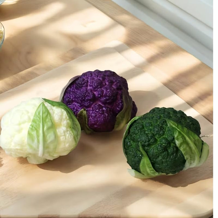 Set of 6 Artificial Assorted Cauliflower Models – Lifelike Faux Vegetable Decor for Home, Kitchen, Display, and Photography Props (Purple, Green, and White)