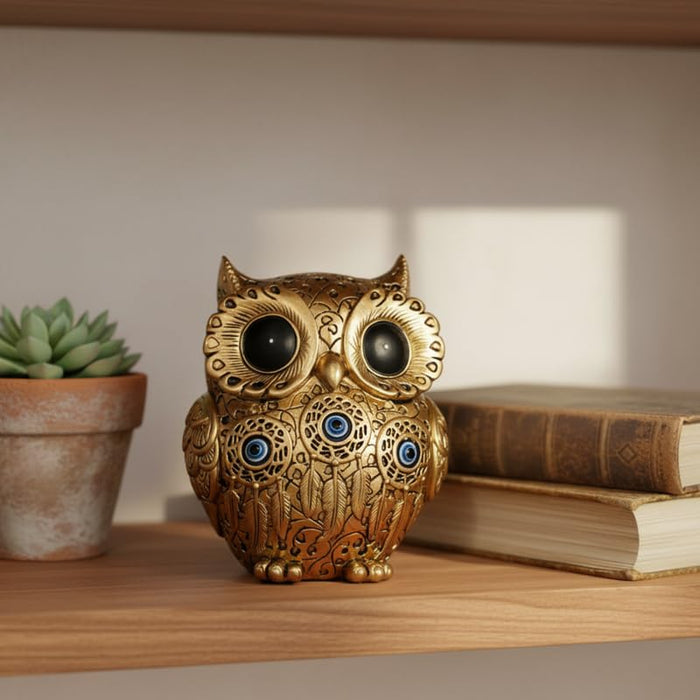Golden Evil Eye Owl Figurine – Decorative Dreamcatcher Owl Statue for Home -3.8x2.8x4.8 inch