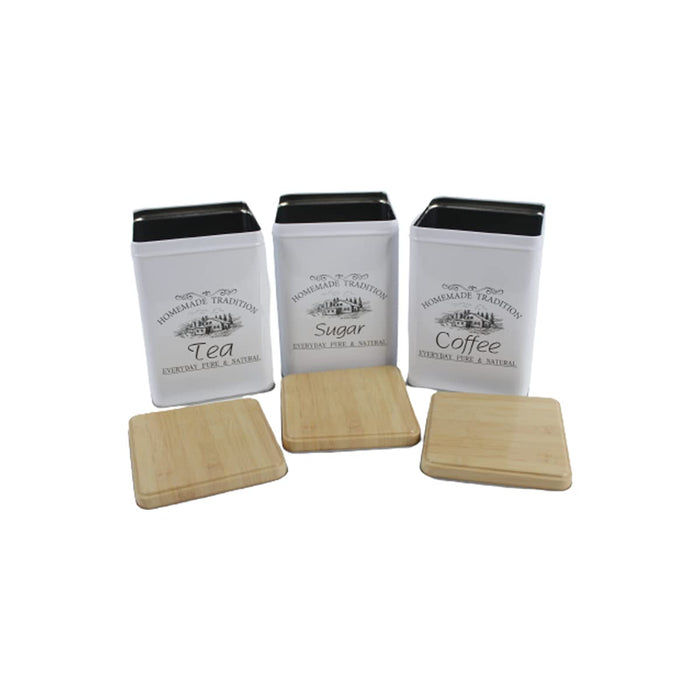 Vintage Style Kitchen Canister Set (Sugar, Tea, Coffee) with Wooden Lids