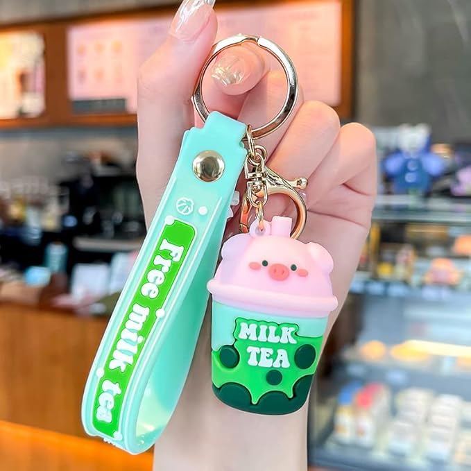 Wonderland Real Pig Milk Tea [Green]Kechains, Cartoon Style Keychain & Bag Charms Fun & Functional Accessories for Bags and Keys