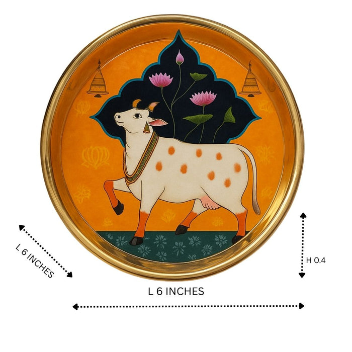 Wonderland 6 inch Hand-Painted Kamdhenu Cow & Lotus Decorative Pooja Plate