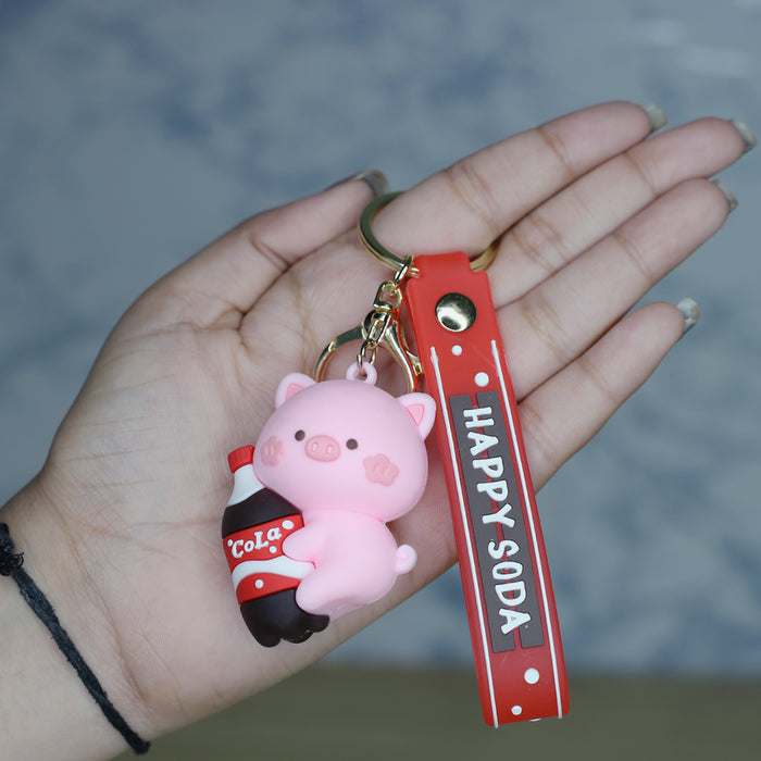 Pink Pig Cartoon style keychain with band