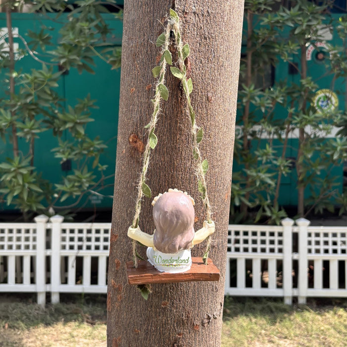 Whimsical Hanging Fairy Garden Statue(White) – Little Girl on Swing Figurine with Leafy Vine Ropes – Weather-Resistant Outdoor Tree Decor & Patio Ornament