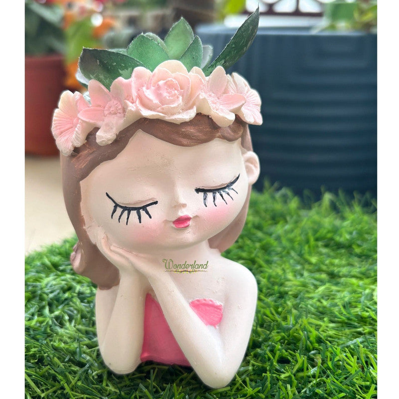 4 Inch Dream Girl Succulent Planter – Decorative Resin Head Pot for Indoor Plants, Cute Female Face Vase with Flower Crown for Home & Office Decor- Plant Not Included