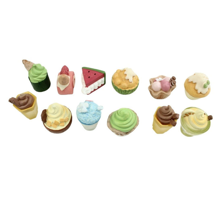 A collection of 12 detailed miniature dessert charms, including ice cream cones, sundaes, and a slice of watermelon.