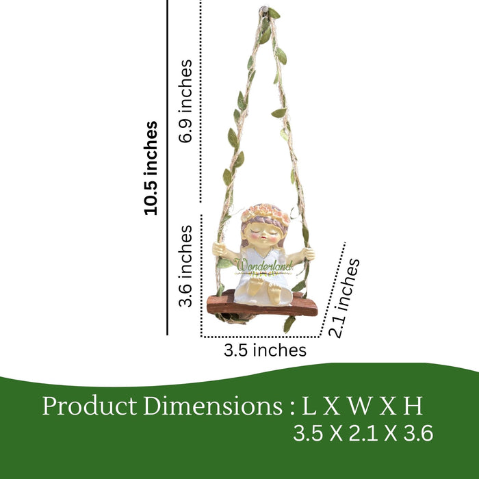 Whimsical Hanging Fairy Garden Statue(White) – Little Girl on Swing Figurine with Leafy Vine Ropes – Weather-Resistant Outdoor Tree Decor & Patio Ornament