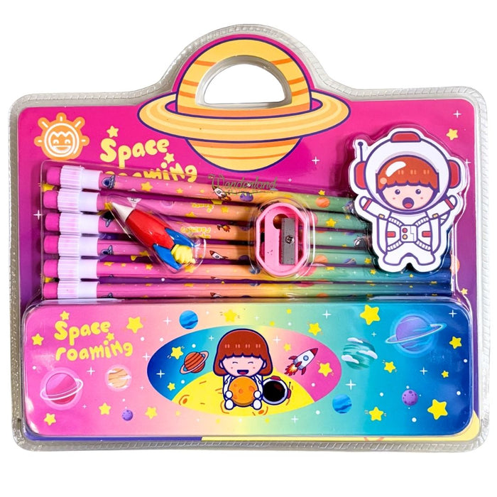 Kids "Space Roaming" StationerySet – Astronaut Pencil Case with  Pencils, Rocket Eraser, and Sharpener- Pink colour