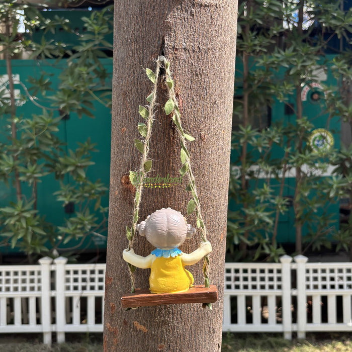 Whimsical Garden Fairy Girl on Swing – Hand-Painted Resin Hanging Decor with Leaf Vine Rope for Indoor/Outdoor Wall and Tree Ornament (yellow)