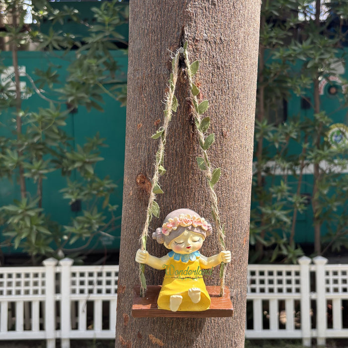 Whimsical Garden Fairy Girl on Swing – Hand-Painted Resin Hanging Decor with Leaf Vine Rope for Indoor/Outdoor Wall and Tree Ornament (yellow)